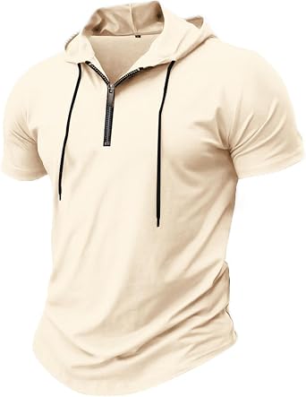 Quarter Zip Pullover Hoodie T Shirts for Men Slim Fit Short Sleeve Muscle Shirts Summer Workout Athletic Hooded Tops