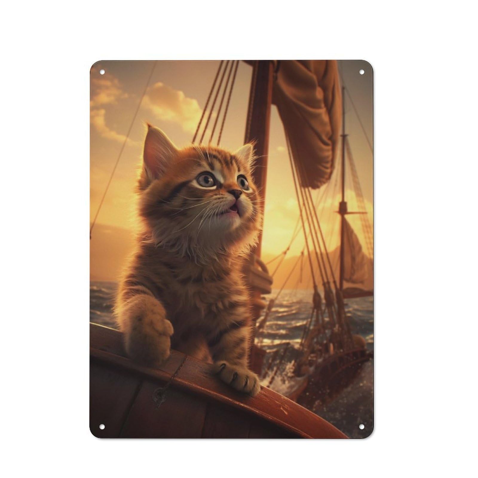 Junmoney Cute Kitten Sailing Ship Retro Tin Wall Plaque 40X30cm For Man Cave Or Games Room, For Games Room Collectors
