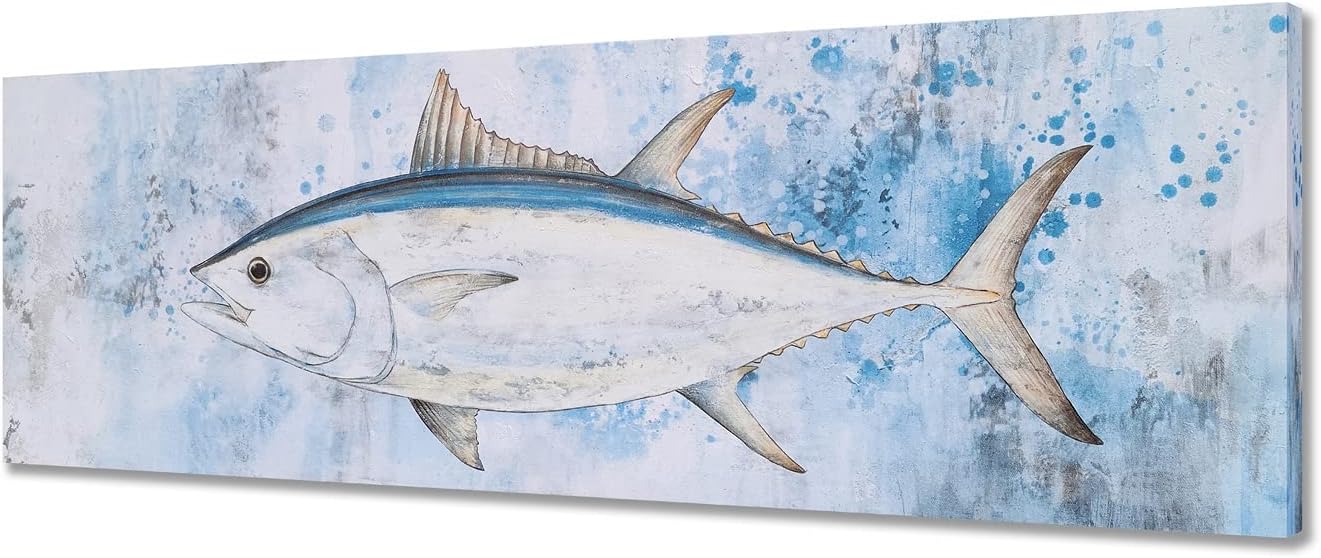 SYGALLERIER Tuna Fish Canvas Canvas Wall Art with Textured - Blue and White Coastal Pictures -Vintage Sea Animal Artwork for Living Room Bedroom Bathroom Decor