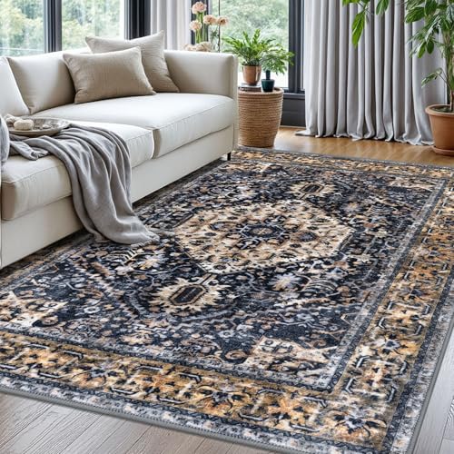 KOZYFLY Boho Area Rug 5x7 Ft Thin Rugs for Living Room Washable Bedroom Rug Non Slip Rugs Gold/Orange/Navy Printed Faux Wool Vintage Bedroom Rug Floor Carpet for Dining Room