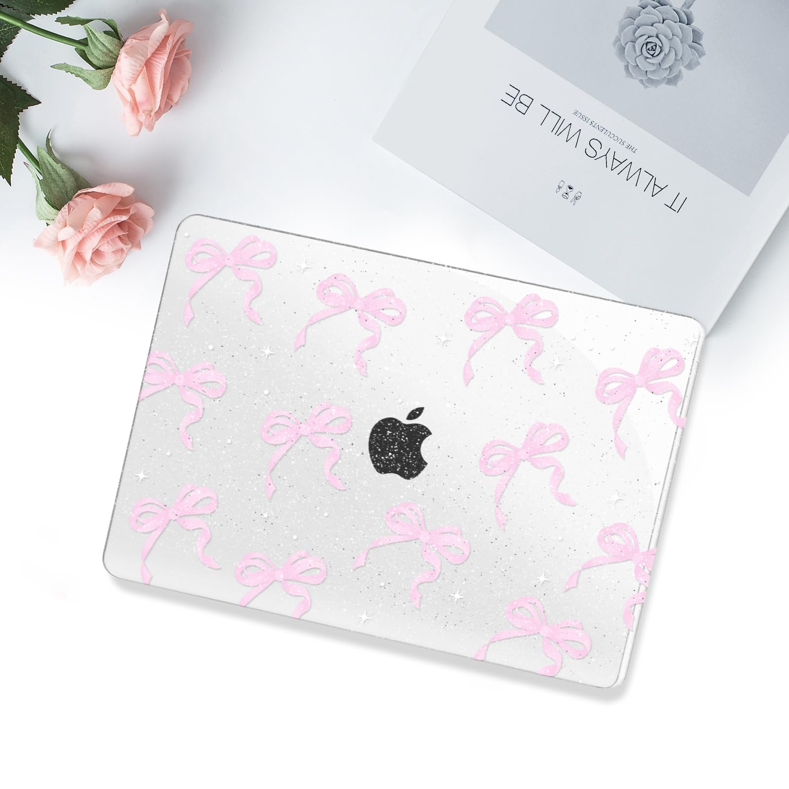 MOSISO Custodia Compatibile con MacBook Air 13 Cover 2025-2022 M4 A3240 M3 A3113 M2 A2681, Nastri Fiocchi Brillanti Plastica Rigida&Copritastiera&Pellicola per MacBook Air 13.6 Pollici Case, Rosa