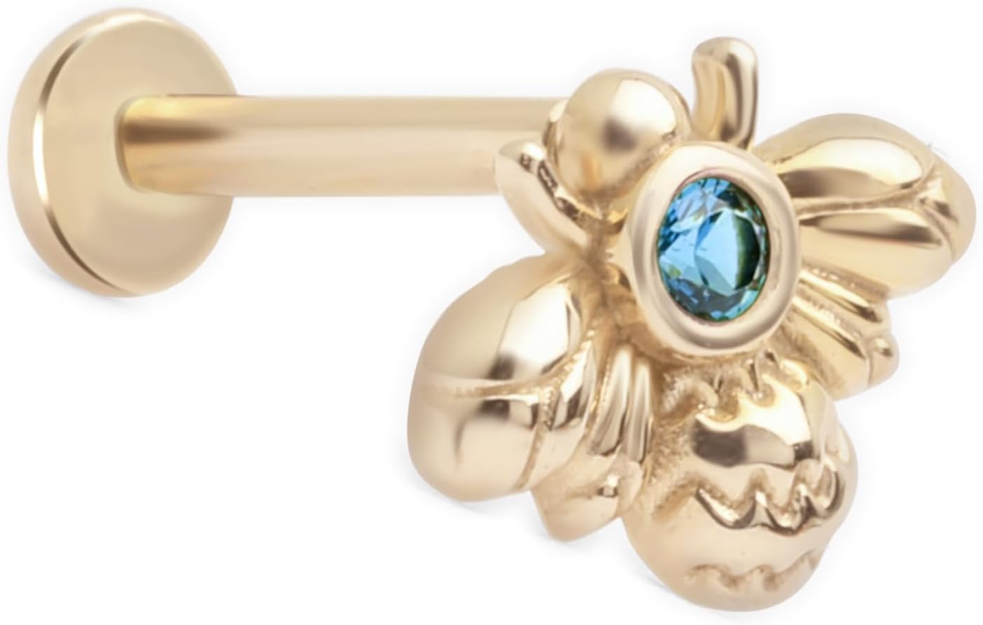 14K Gold Bumblebee Cubic Zirconia Cartilage Stud Earring Piercing Jewelry Helix Tragus Earring Upper Ear Piercings Internally Threaded Screwback Earring for Men Women, Sold Separately (Blue Topaz )