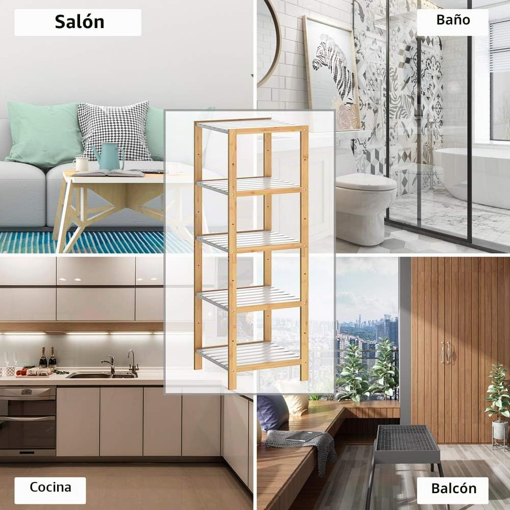 CASARIA Estantería de baño de Madera de bambú con 5 estantes 140x33x34cm Repisa Blanco y Natural