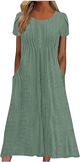 EMATOP Women's Summer Midi Dress Short Sleeve Casual Beach Dress Long Elegant Summer Dress Knee-Length Tunic Dresses Airy Lightweight Shirt Dress with Pockets Casual Dress High Waist A Line Dress