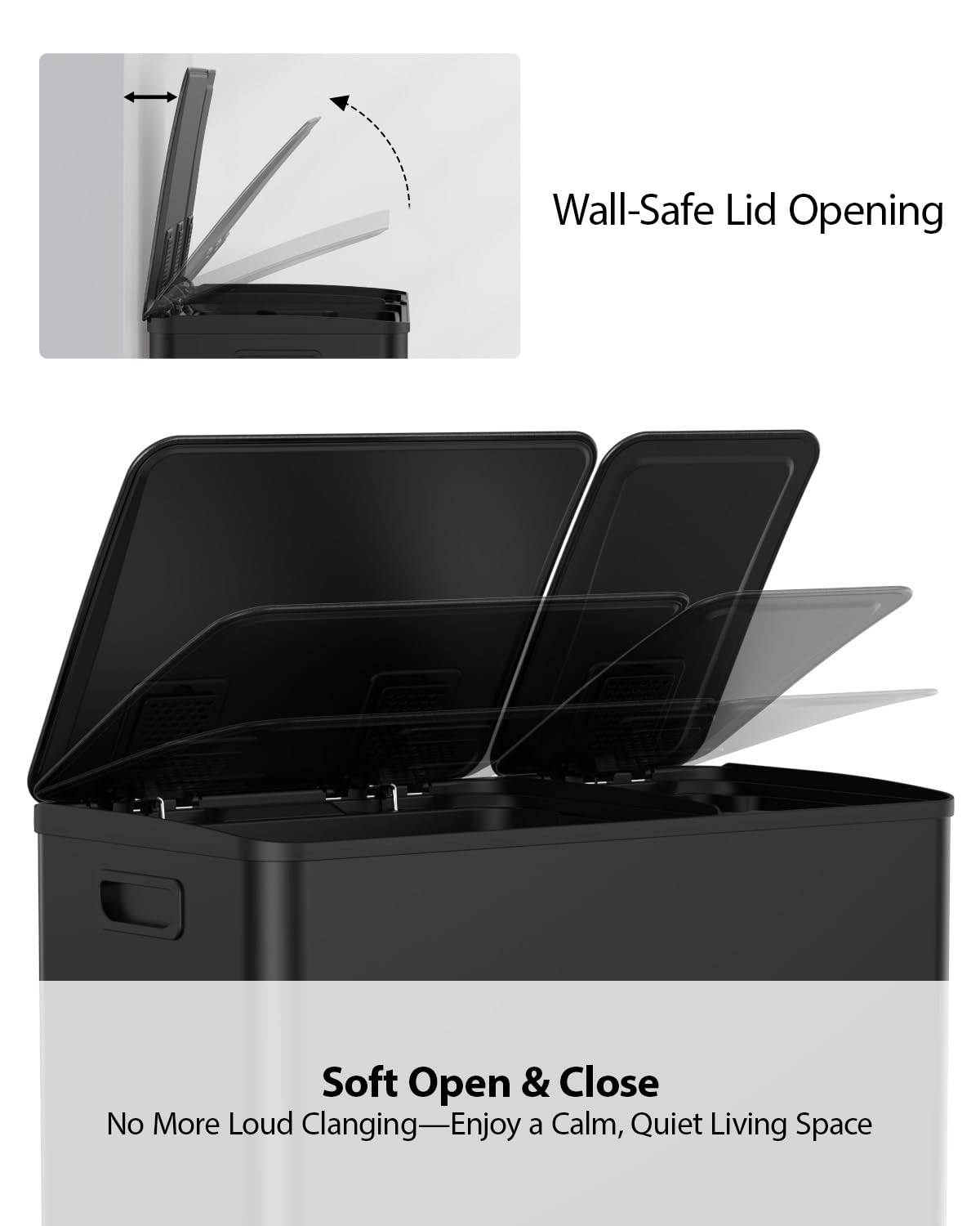 Lovewind Double Trash Can Kitchen, 13+5.5 Gallon Stainless Steel Dual Trash and Recycle Bin Combo with Silent Close Lid, Heavy-Duty Foot Pedal, Easy to Clean Garbage Can for Large Families, Black