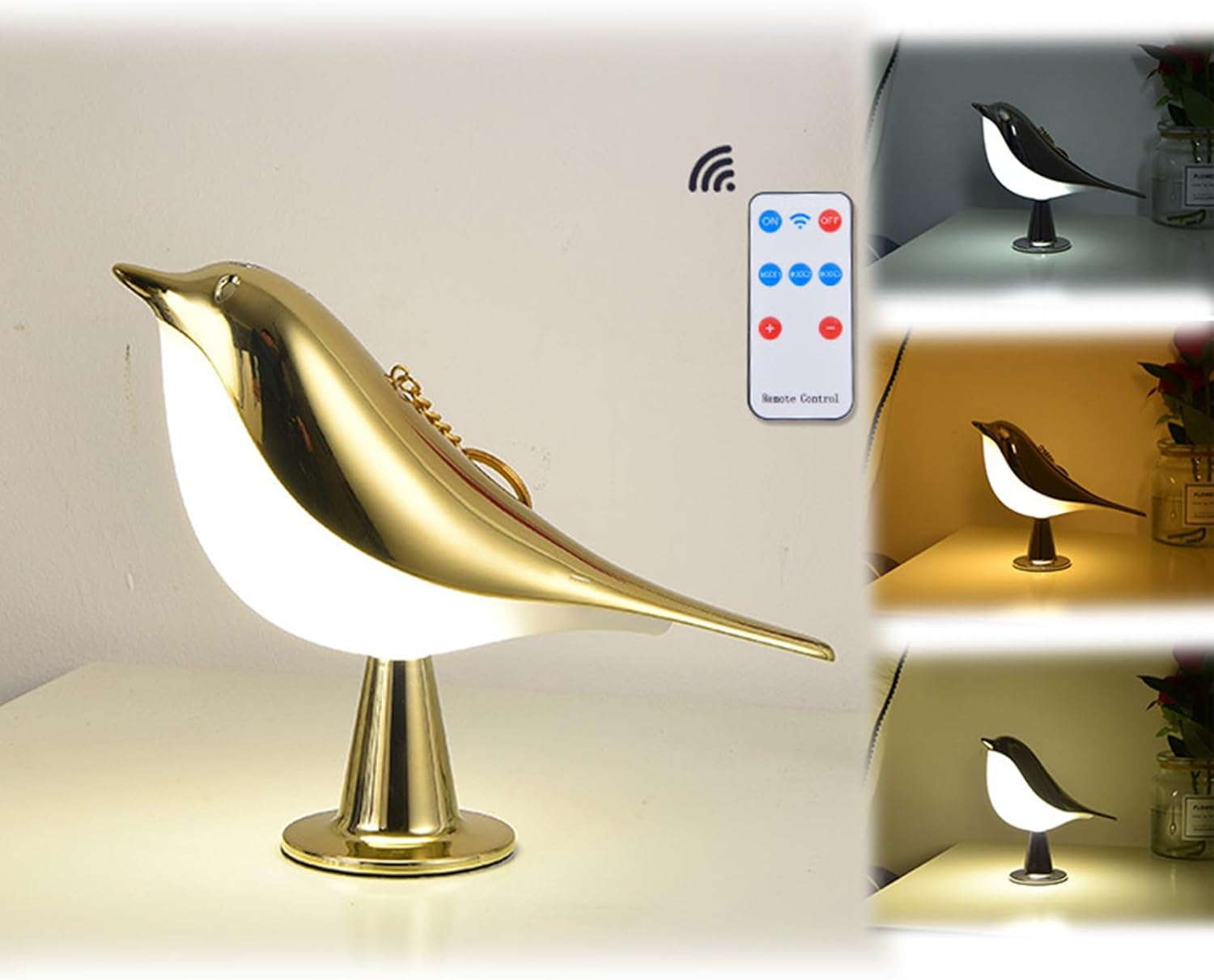 Small Bird Desk Lamp, Cordless Night lamp, Dimmer Table Lamp with 3 Color Temperature and Touch Sensor, Rechargeable Bedside lamp, Hummingbird Lamp for Bedroom Nightstand Bedside Table (Marble)