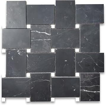 Stone Center Online Nero Marquina Black Marble Large Basketweave Mosaic Tile w/Thassos White Dots Honed Kitchen Bath Wall Floor Backsplash Shower 1 Sheet