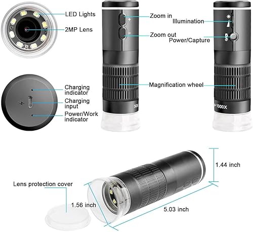 Miniatura 5 de Jiusion Microscopio digital USB WiFi 50 a 1000x endoscopio de aumento inalámbrico 8 LED Mini cámara HD con soporte actualizado, funda portátil,