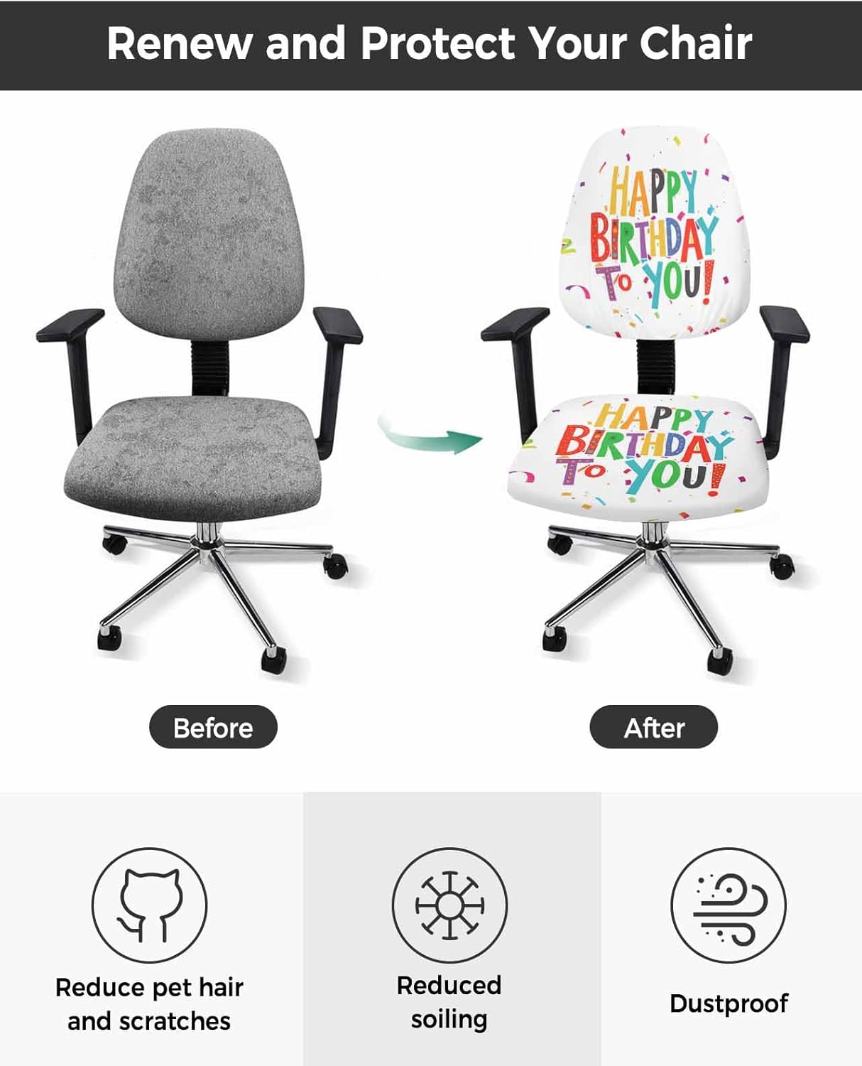 Happy Birthday To You Office Chair Cover Stretchable Computer Chair Seat Cover Backrest Slipcovers, Colored Ribbon Abstract Art Aesthetics Stretchable Rotating Desk Chair Seat Cushion Split Protectors
