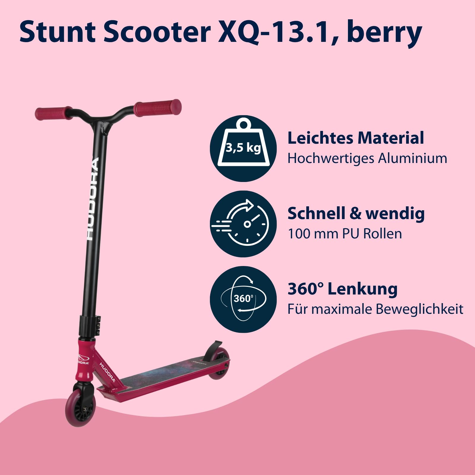 HUDORA Stunt Scooter für den Skatepark – robuster Freestyle Roller mit 360° Lenker, ABEC 9 Kugellager & Stahlbremse – Stunt Roller für Anfänger & Geübte, rutschfestes Deck, schnell rollend