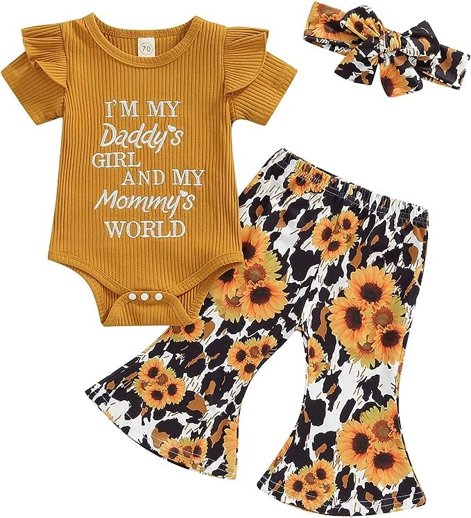 Fernvia Infant Baby Girl Clothes Suspenders Short Sleeve Ribbed Romper Flared Pants Set Headband 3pcs Summer Outfit