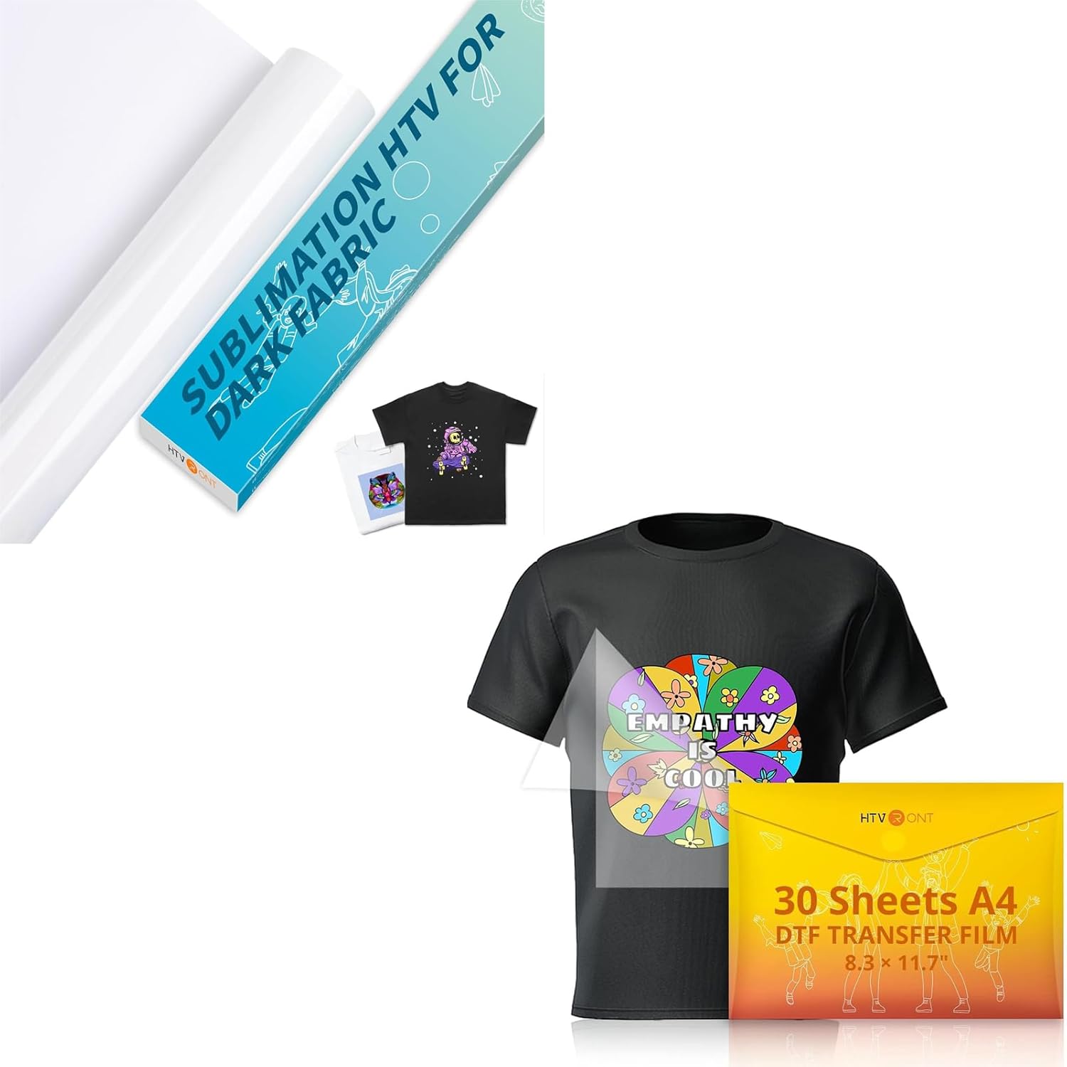 HTVRONT Sublimation HTV 12" X 10FT for Dark/Light Fabric Matte + DTF Transfer Film for Sublimation 30 Sheets of A4 (8.3×11.7") for Inkjet Printers for T-Shirts, Easy to Use, Vivid Colors