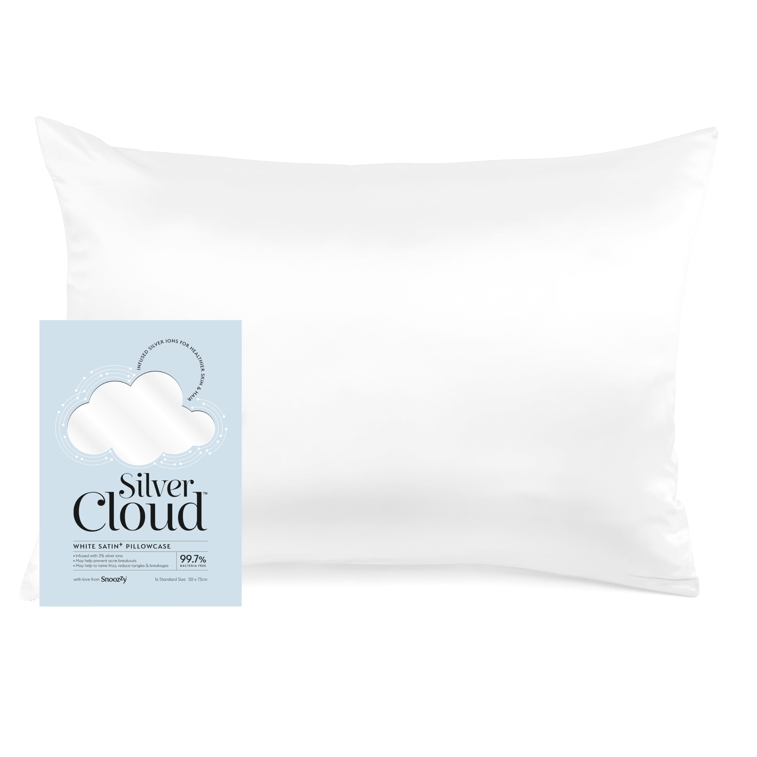 Silver Cloud White Satin Pillowcase Infused With Silver Ions, Silky Smooth Pillow Case For Hair & Skin, Standard Size 50 X 75 Cm With Invisible Zip Closure, Cooling & Comfortable Pillow Cover (White)