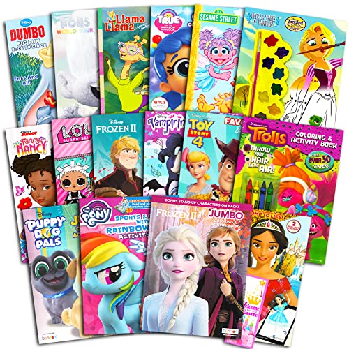 Bulk Coloring and Activity Book Assortment for Girls Ages 4-8 - Bundle with 16 Coloring Books for Kids | Frozen, Trolls, LOL, and More with Games, Puzzles, Mazes, Stickers, and Door Hanger