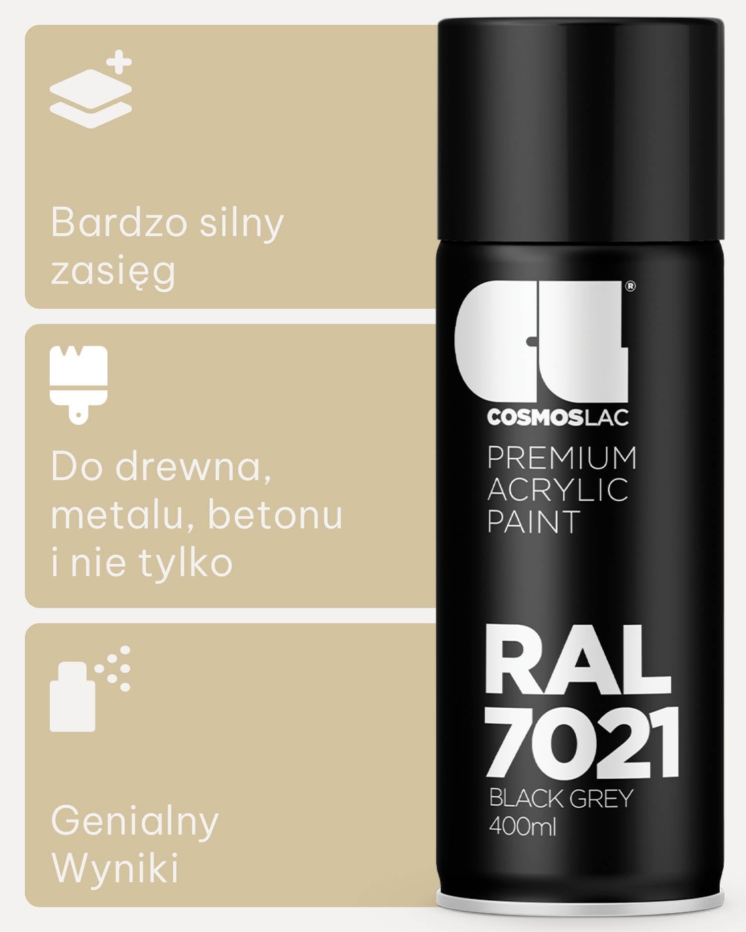 Cosmos LAC lakier akrylowy w sprayu w wielu odcieniach RAL – puszka sprayu 400 ml idealnie nadaje się do majsterkowania, upcyklingu i innych prac lakierniczych (RAL 7021 - czarno-szary)