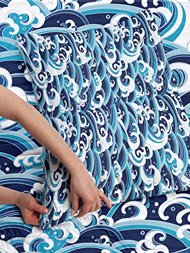 Ambesonne Japanese Wave Microfiber Bedspread Set, Traditional Eastern Pattern With Waves Of Water Foam Splashes, Soft Bedding Set With Pillow Shams & Comforter, Queen Size, Pale Blue Navy Blue #TOP2