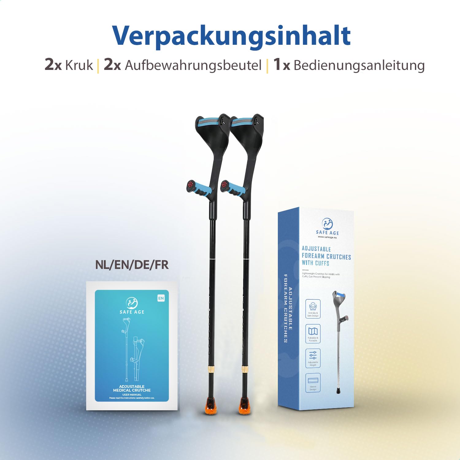 Safe Age® Krücken zur Rehabilitation - höhenverstellbar - Laufhocker - Ellbogenhocker (2 stück)
