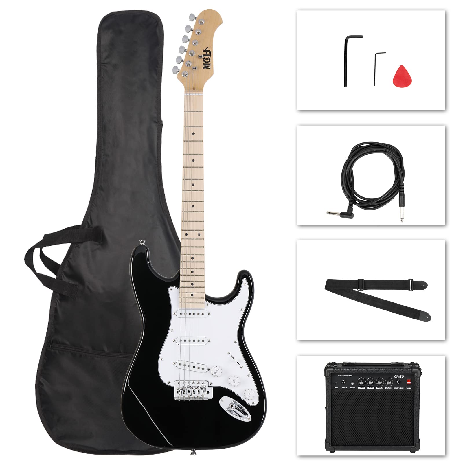 Guitare électrique ST guitare électrique avec ensemble de haut-parleurs 20W, sac de guitare, bandoulière, médiator (le noir)