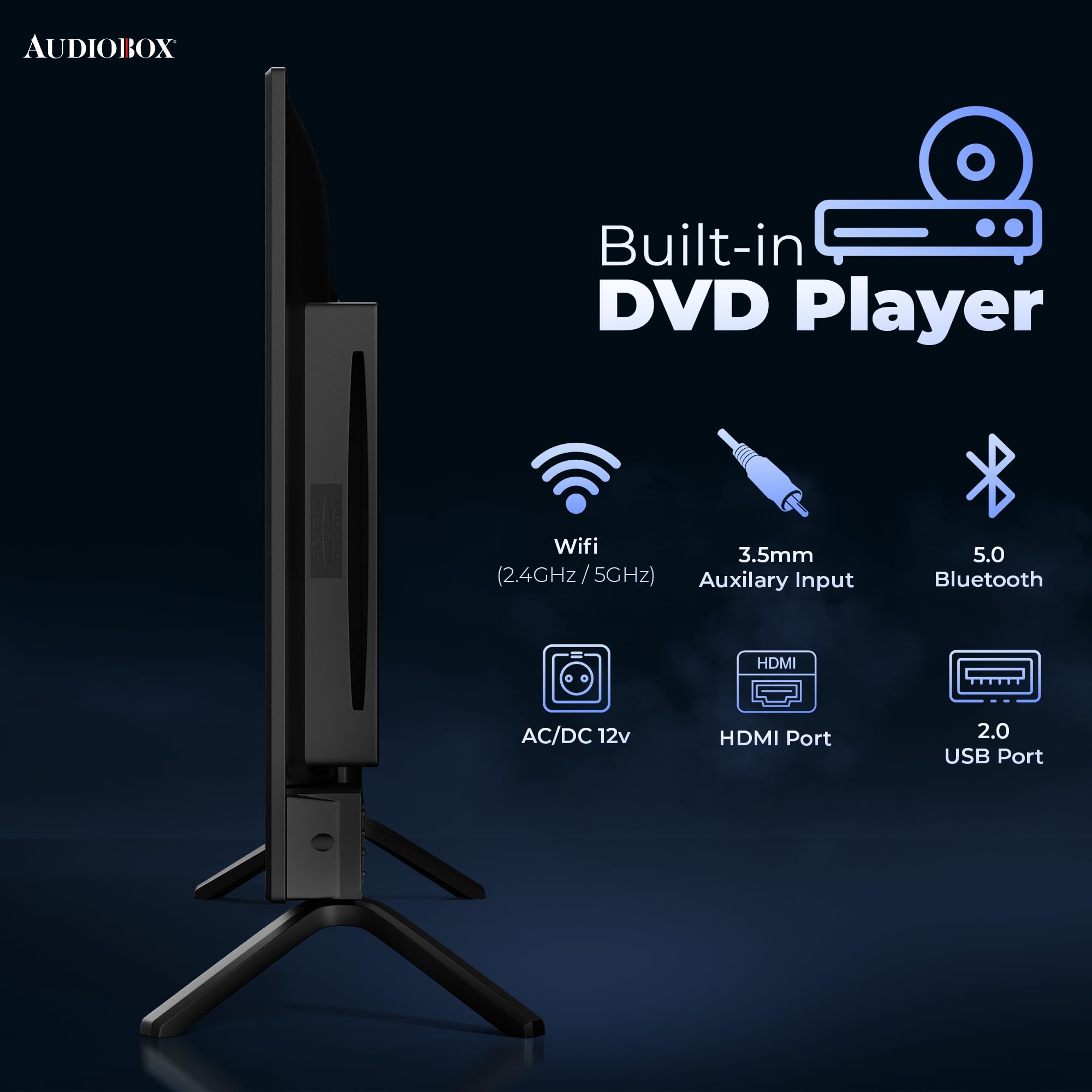 Audiobox Smart LED HDTV with Built-in DVD Player, AC/DC Compatible, Perfect for RVs, Movies, Gaming, HDMI, USB, 12V Included Cable, Ideal for Travel, & Home Entertainment (24-Inch)