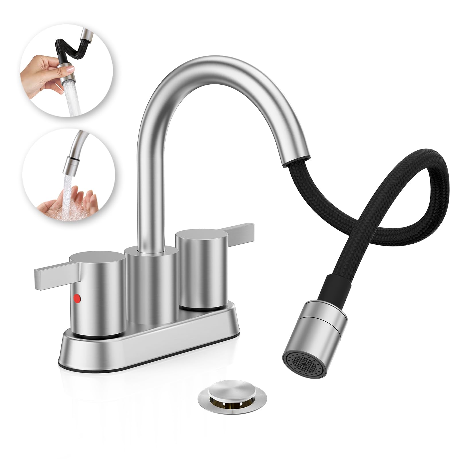 Phiestina Brushed Nickel Utility Sink Faucet With Sprayers Laundry Faucets with Sprayer 3 Hole Bathroom Faucet Pull Down