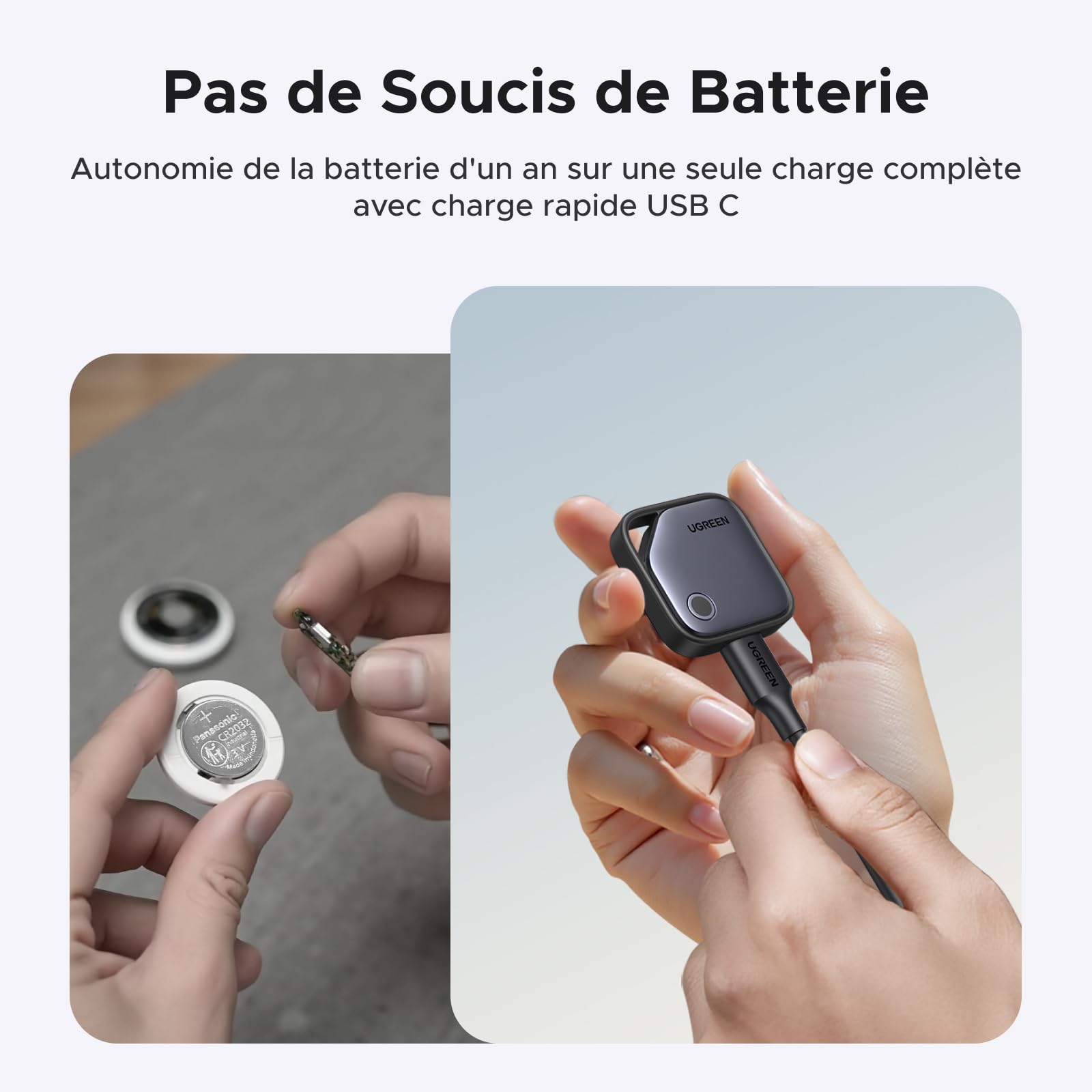UGREEN FineTrack Tag Traceur Fonctionne avec Find My (iOS Uniquement) Chargement USB C Localisateur d'Objets Bluetooth pour Clés Valises Portefeuilles Wallet Bagages Sacs avec Câble USB C Lot de 4