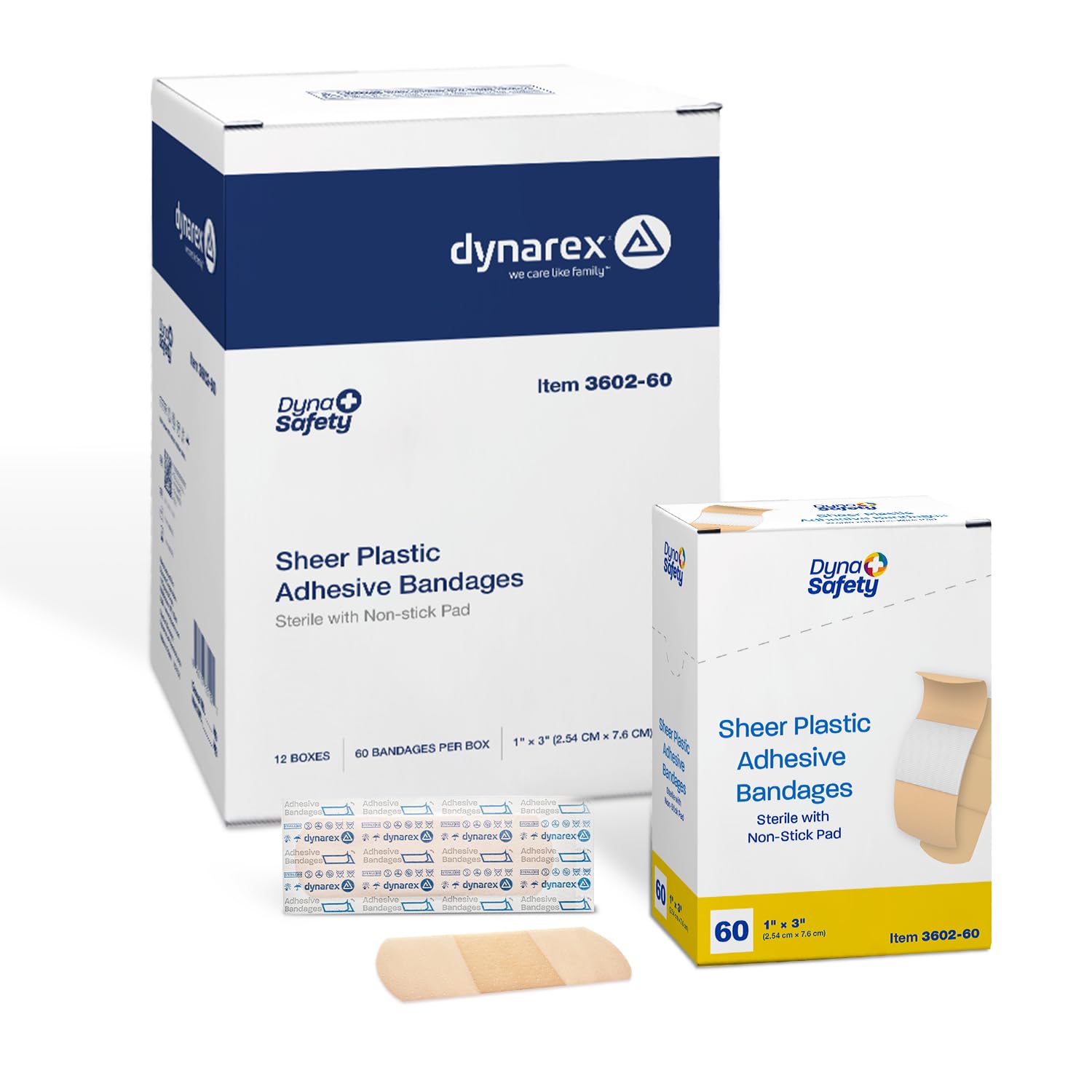 Dynarex Sheer Plastic Adhesive Bandages Water-Resistant and Sterile Non-Stick Pad First Aid Covers Minor Cuts Scratches - 1" x 3", Case of 12 Boxes, 60 per Box