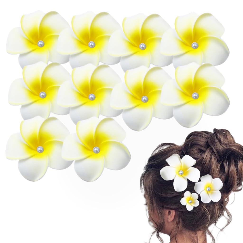 10 Pcs White Pearl Hawaii Plumeria Flower Clips Hawaiian Flower Hair Barrettes Beach Party Hair Clips Artificial Tropical Hairpins for Wedding (5cm)
