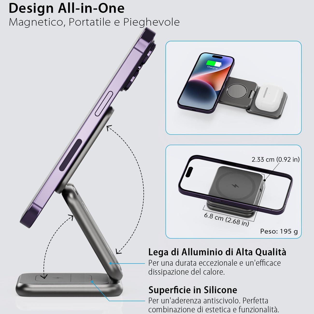 KU XIU X40 Caricatore Wireless Magnetico, Stazione di Ricarica Pieghevole 3-in-1 per iPhone 16/15/14/13/12, 5W per Apple Watch 10/9/Ultra/SE/8/7/6/5/4 - Grigio