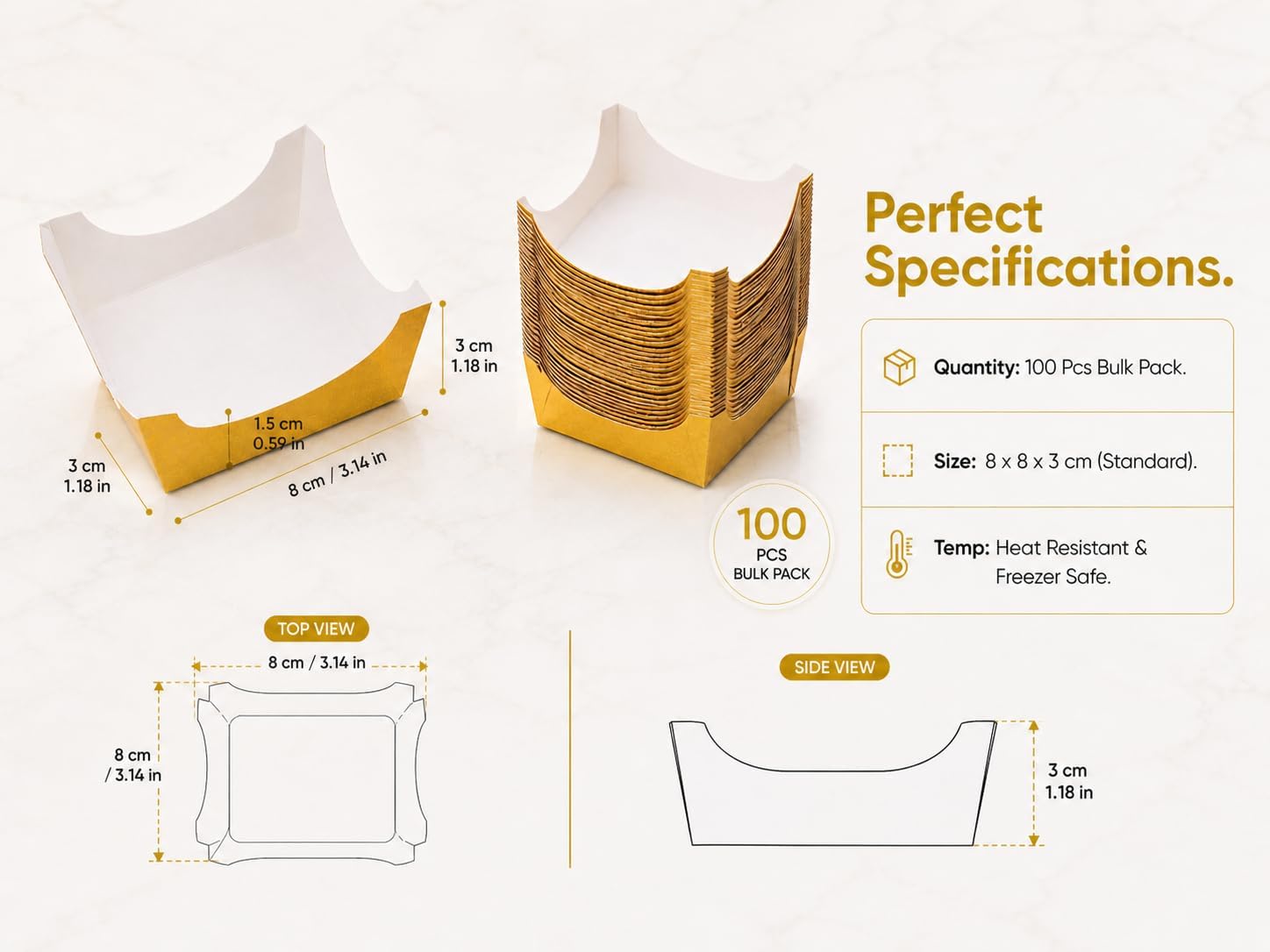 100 Pcs Square Cupcake Liners, Gold Paper Baking Cups for Muffin, Disposable Dessert Mousse Tray, Brownie Pastry Wrappers for Party Wedding