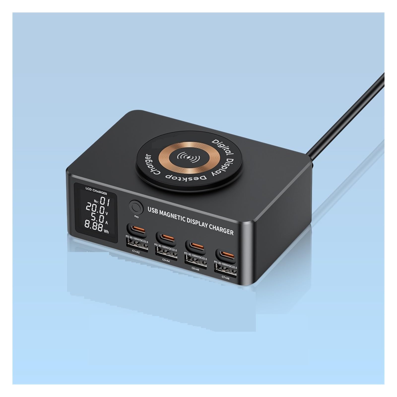 Caricatore USB C, Caricabatterie wireless con stazione di ricarica rapida multi USB-C da 140 W con display LED PD QC 3.0 Ricarica rapida, Veloce, Efficiente e Versatile(With 100w 1m cable)