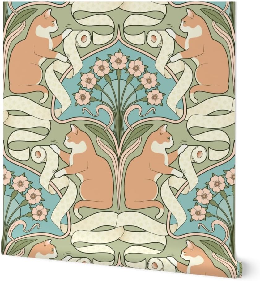 Spoonflower Peel & Stick Wallpaper 3ft x 2ft - Whimsical Art Nouveau Deco Cat Toilet Paper Novelty Funny Floral Bathroom Modern Green Lover Lady Custom Removable Wallpaper