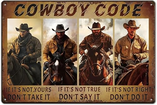 SUPERDANT Letreros de metal con texto en inglés "Cowboy Code", divertido letrero de metal de hierro vintage, decoración de pared, póster retro para