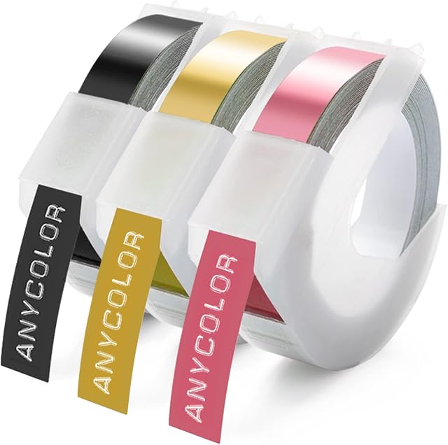 Anycolor Compatible 9mm Embossing Tape Replacement for Dymo 3D Embossing Label Tape, Adhesive Plastic Embossing Label Refill for Dymo Omega Embossing Label Maker Junior Motex E-101 E-303, 9mm x 3m