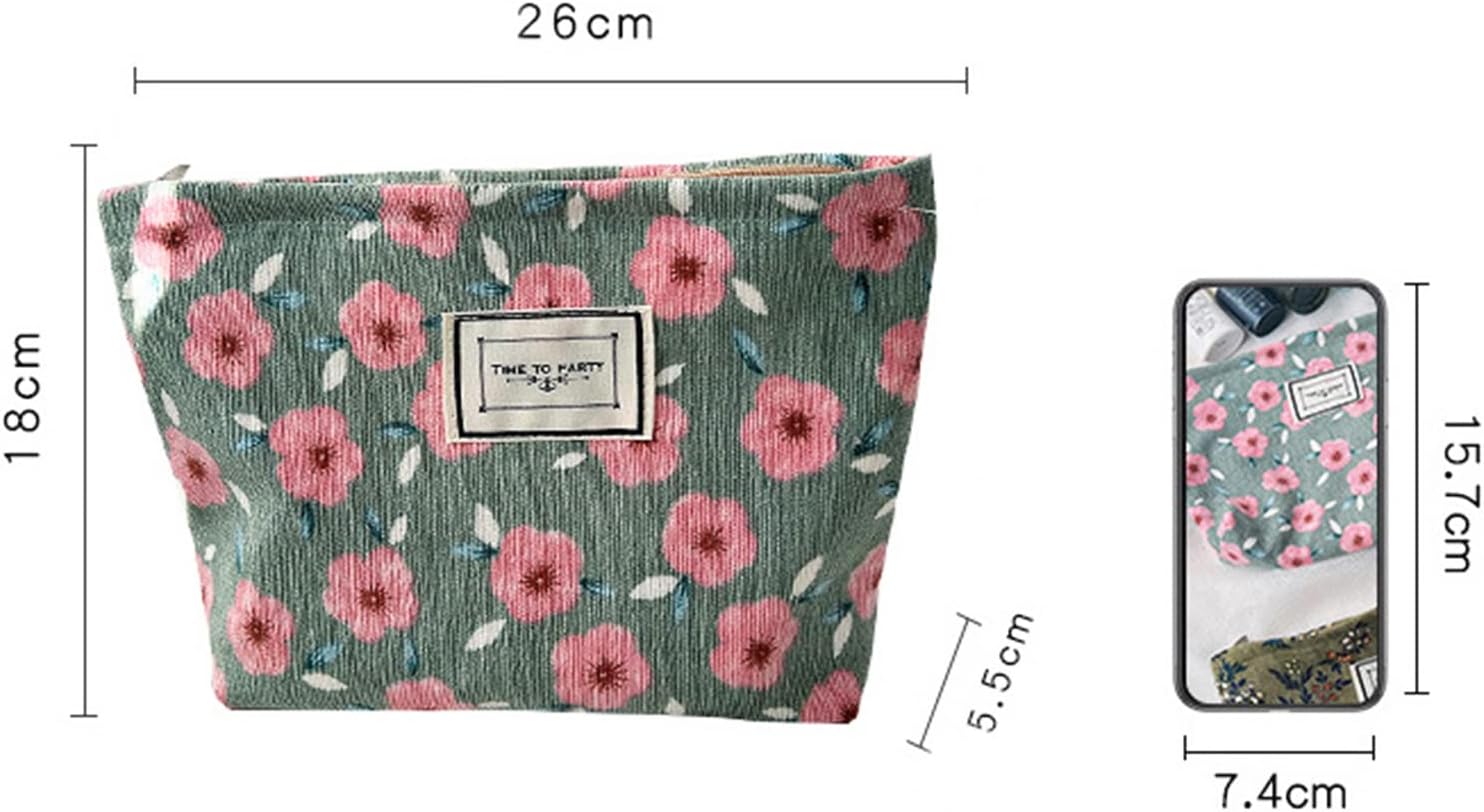 Flower Fabric Makeup Bag for Purse, Vintage Corduroy Cosmetic Pouch Bag, Portable Travel Handbag for Women Girls (Green with mixed flowers) - Image 5