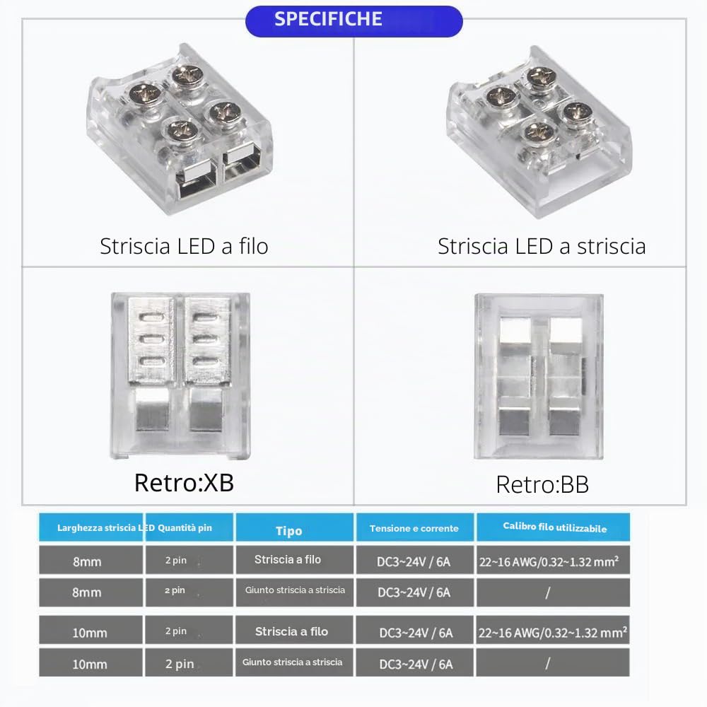 Connettori per Strisce LED 8mm a 2 Poli, Senza Saldatura per LED 5050 3528 Monocolore, Collegamento Rapido a Filo Con Cacciavite