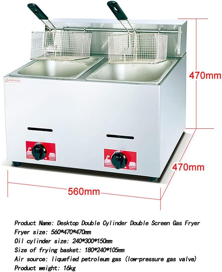 6l/12l Commercial Restaurant Professional Gas Fryer, Stainless Steel Table Top Single/Double Cylinder Lpg Fryer, Outdoor Stovetop with Fryer, Fried Chicken and Fish,Two-cylinderfryer