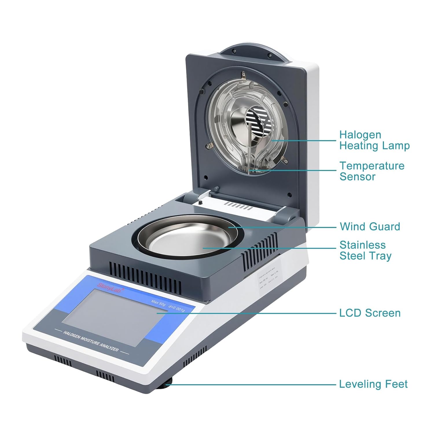 stonylab Halogen Moisture Analyzer, 1 mg Readability, 50 g Max Capacity, 50-180°C Heating, 0-99 min Timer, RS232 Interface, Displays 9 Drying Parameters for Laboratory Moisture Analysis Applications