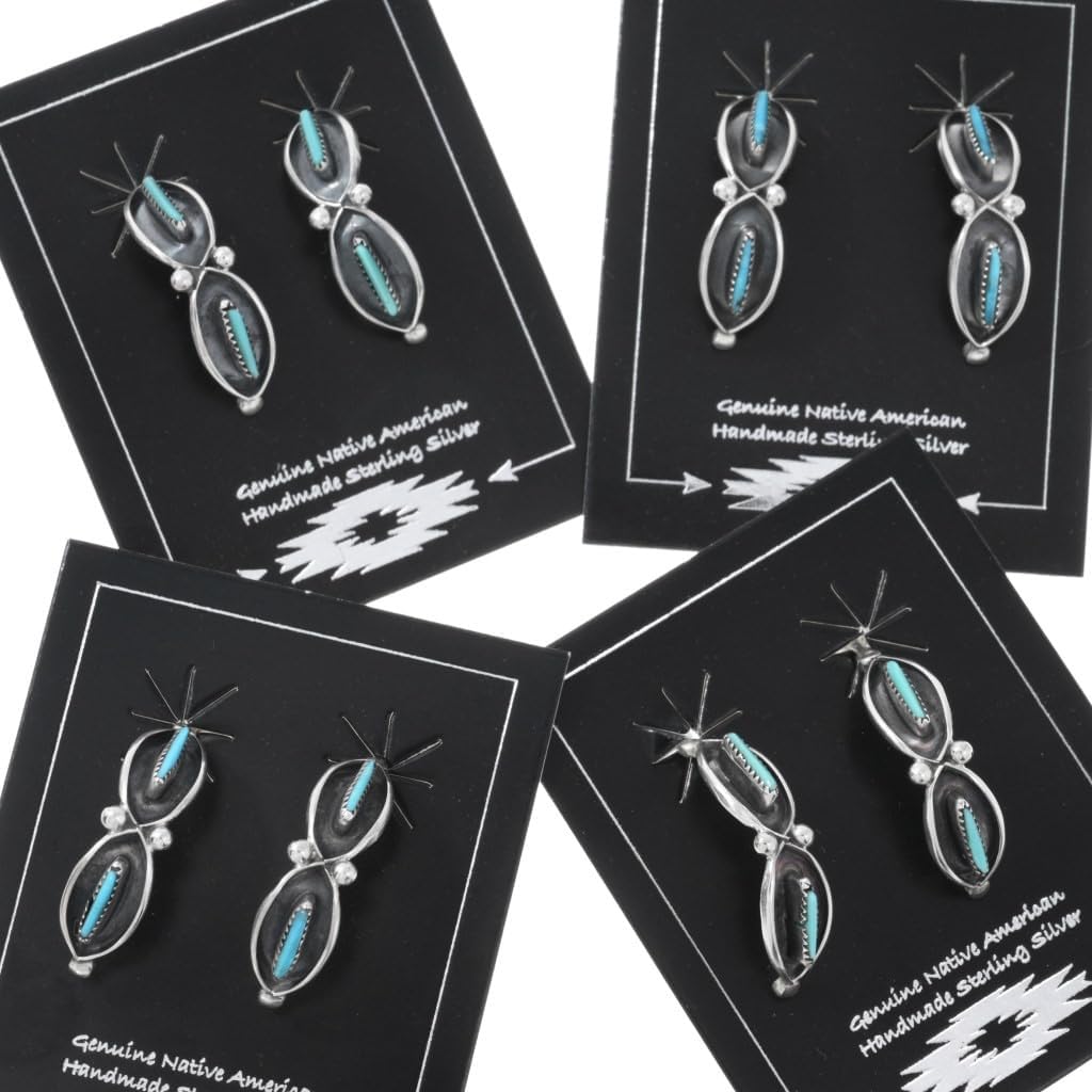 Small Zuni Needlepoint Turquoise Silver Earrings Sterling Half Hoop Posts 0822