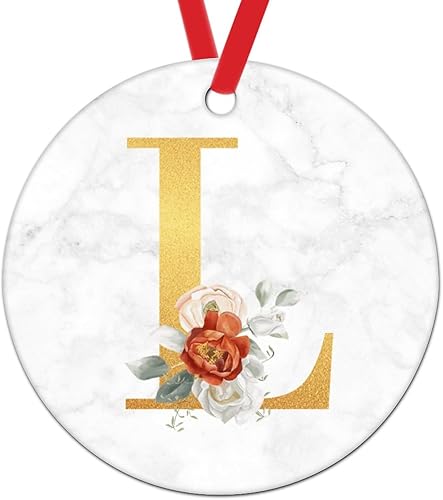 Letras personalizadas, adorno de Navidad con letra inicial de oro rosa, letra L, regalo de vacaciones, adorno de árbol de Navidad de cerámica,