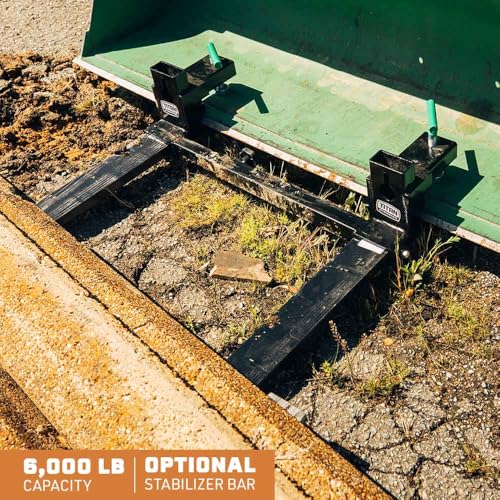 Image of Titan Attachments Heavy-Duty 60 inch Clamp-On Pallet Forks with Adjustable Stabilizer Bar, 47 inch x 4 inch Blade Length, Rated 6000 LB, Easy to Install on Loader or Skid Steer Bucket