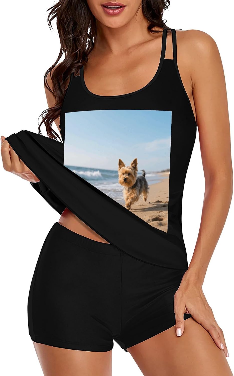 Yorkshire Terrier on Beach Tankini Swimsuits for Women Tummy Control Two Piece Bathing Suits Swim Tops with Boy Shorts