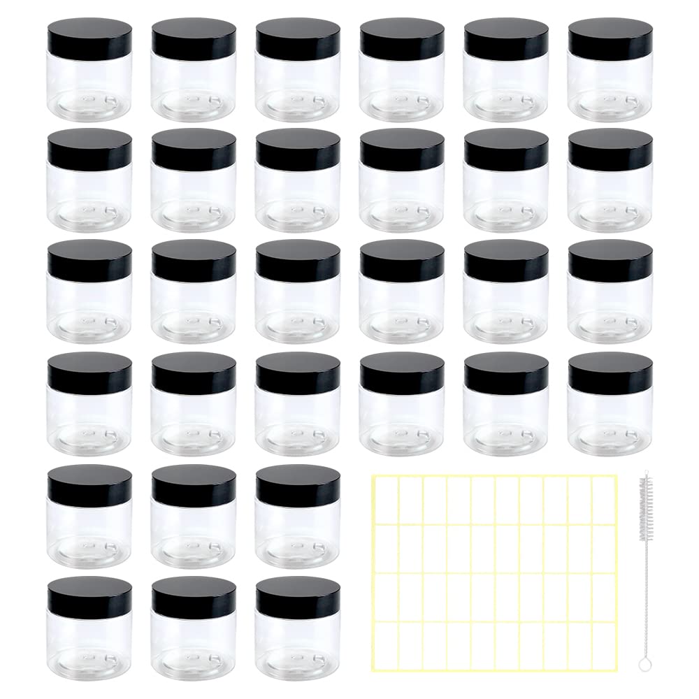 BiBiFly 60ml 30pcs Clear Plastic Round Jars with Black Lids, Leak-Proof Storage Jars Containers for DIY Crafts Kitchen Use