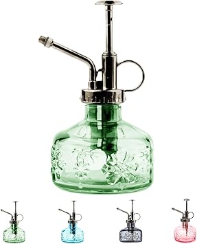 FLOWER Glass Plant Mister Spray Bottle Green 180ml/6 oz | Mini Watering Can Indoor Plants Indoor Plant Mister Succulent Watering Bottle Tall Vintage Style with Bronze Plastic Top Pum