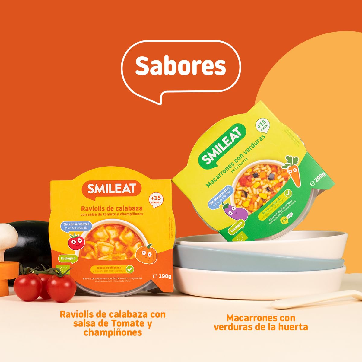 Smileat - Pack de 8 Platitos de Raviolis de Calabaza con Salsa de Tomate y Champiñones – Ecológico, Sin Conservantes – Ideal para Peques +15 meses – 190g x 8