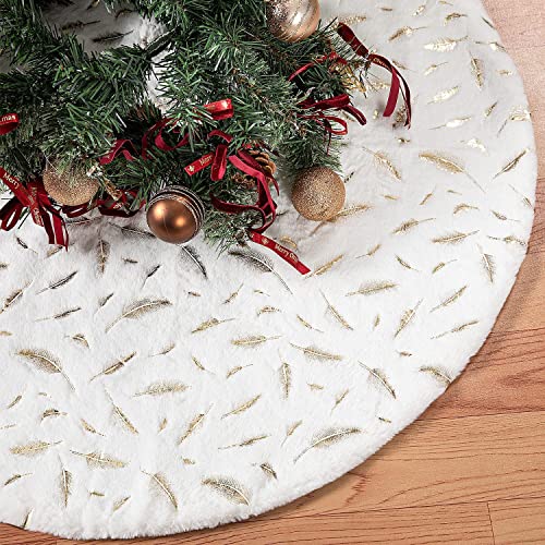 HusDow Faldas de árbol de Navidad de 88,9 cm de piel sintética con base de plumas doradas para decoraciones de árbol de Navidad y adornos de árbol Cover