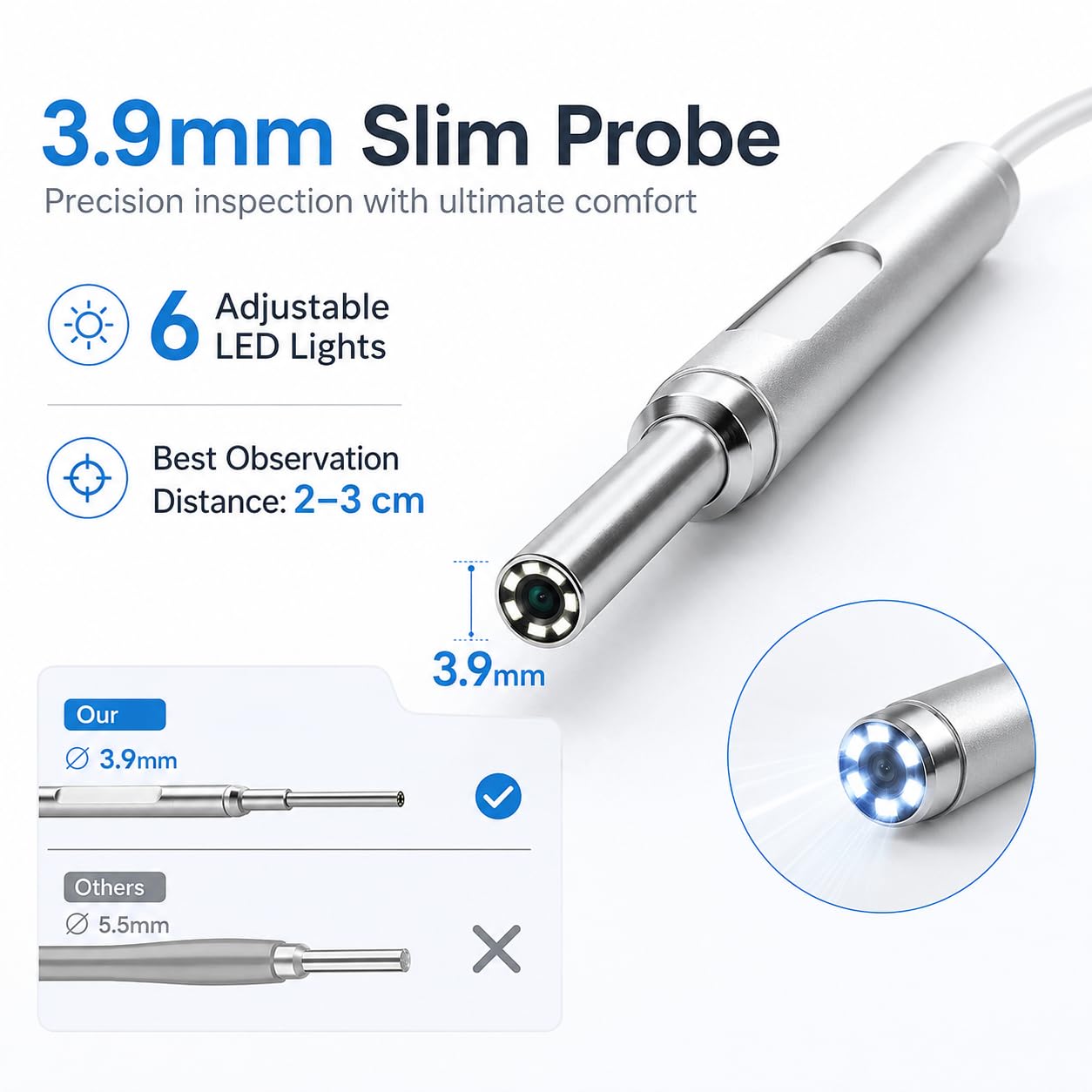 Otoscopio digital con pantalla de 4.5 pulgadas, cámara auditiva de 3.9 mm con 6 luces LED y batería recargable para adultos, niños y mascotas