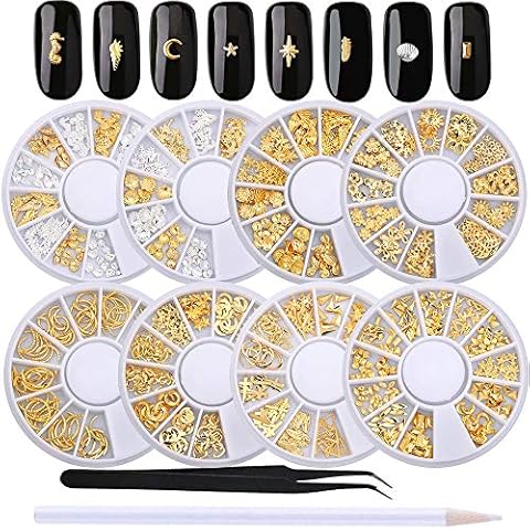 WOKOTO 8 Pack Silver Gold Nail Rivets Set 3d Geometry Nail Charm Ocean Shell Starfish Metal Nail Art Studs Manicure Jewelry Decoration With 1Pc Tweezers Cover