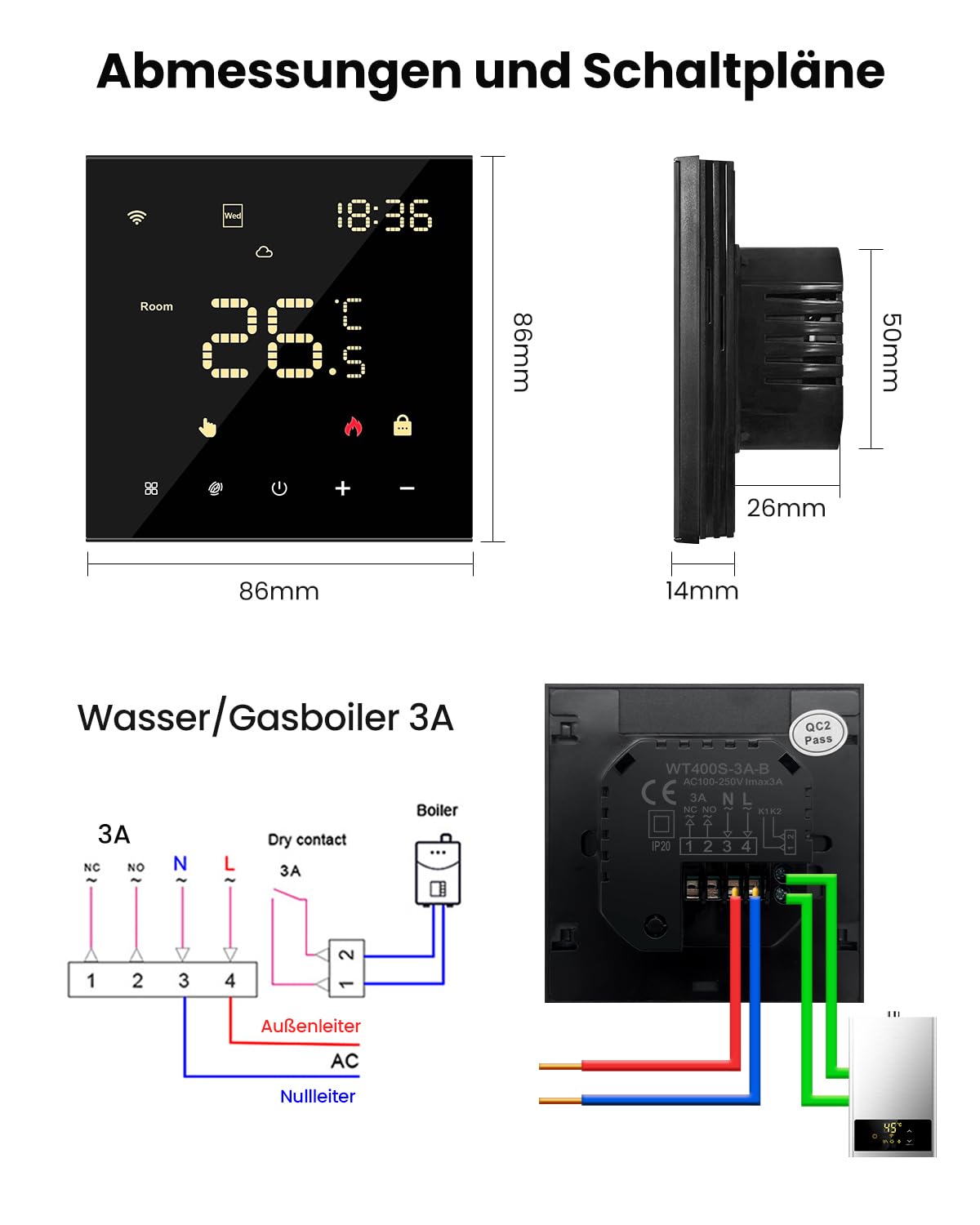 MIUCDA Termostato intelligente WiFi per riscaldamento a pavimento e caldaia a gas, termostato programmabile, termostato digitale, compatibile con Alexa, Google Home, nero