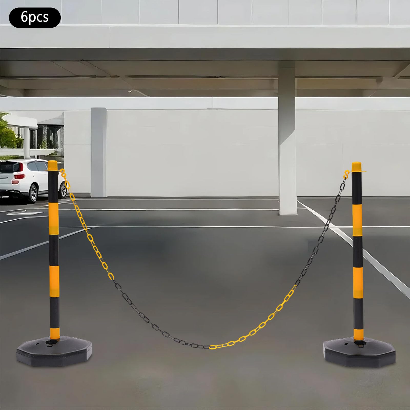 6 postes de barrera, postes de cadena, postes guía ajustables con base rellenable, 85 cm de alto, postes de aparcamiento portátiles con cadenas, bolardo de plástico amarillo para aparcamientos, obras