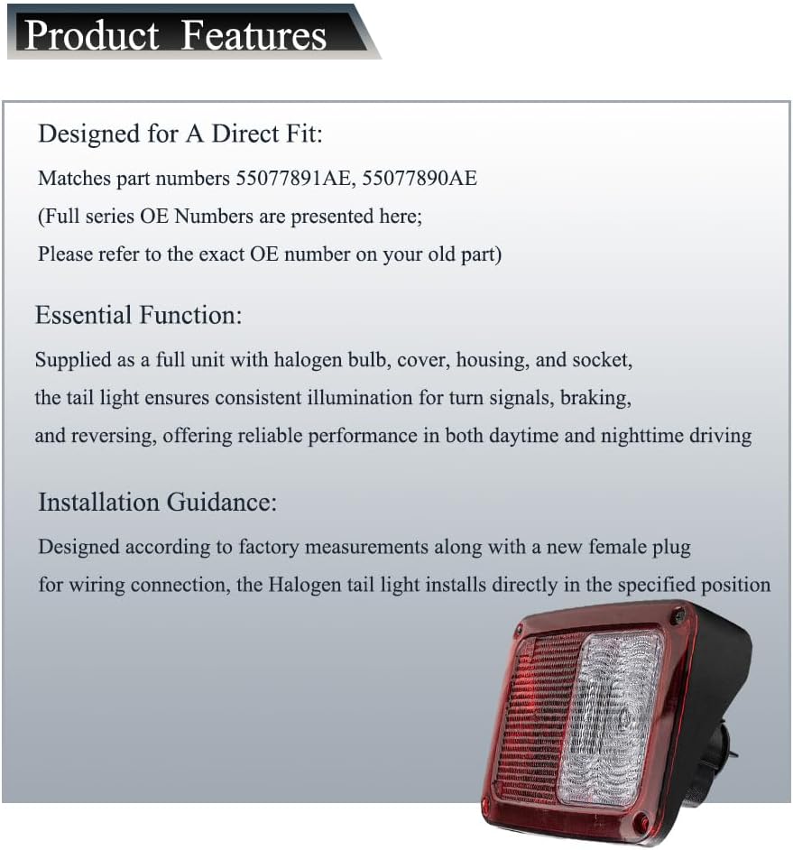 Riloer Halogen Tail Light Assembly, 55077891AE, 55077890AE, Tail Brake Light, Compatible with Jeep Wrangler JK 2007-2017, 1 pc (Right)